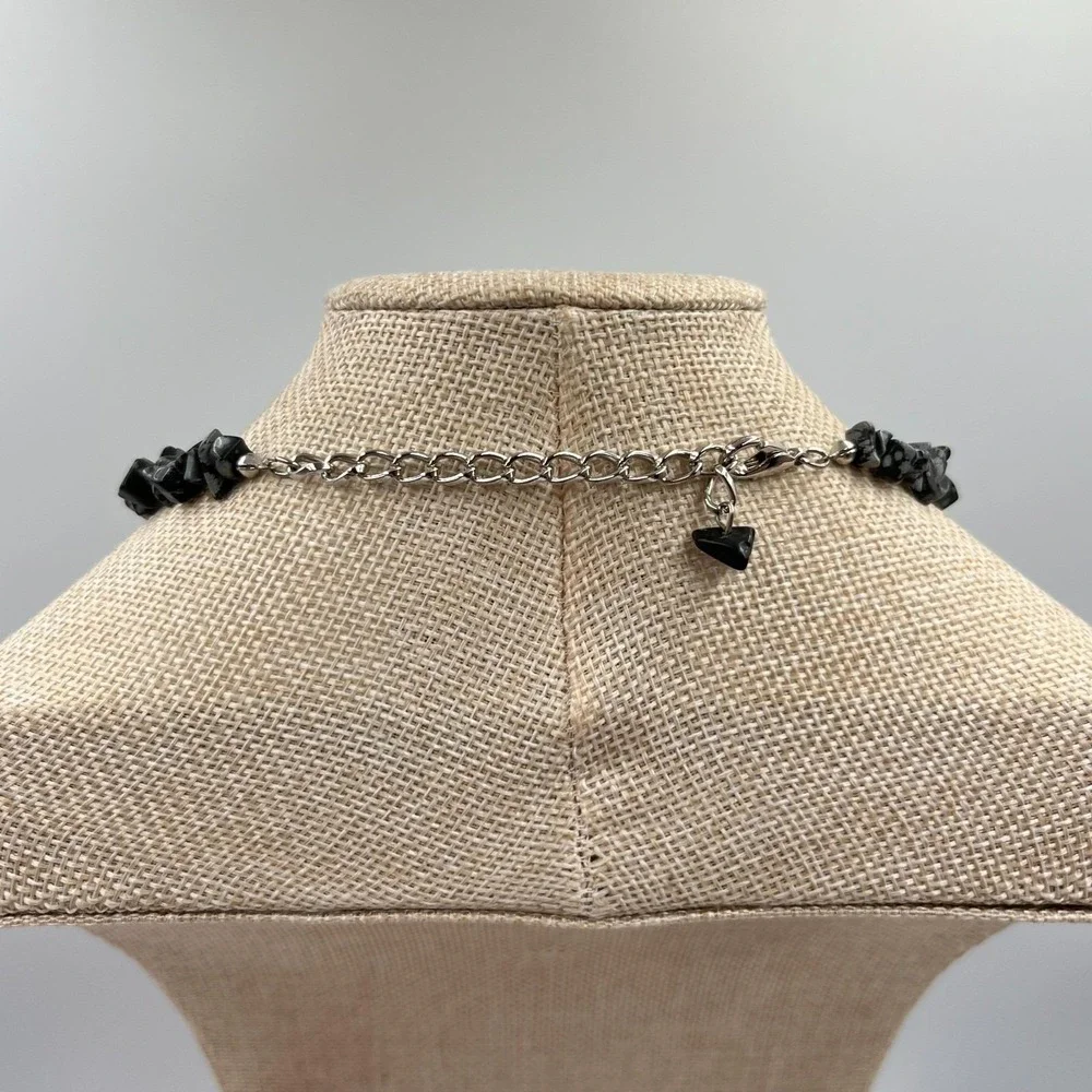 Vintage Natural Snowflake Obsidian Chip Bead Necklace Large Center Stone Pendant
